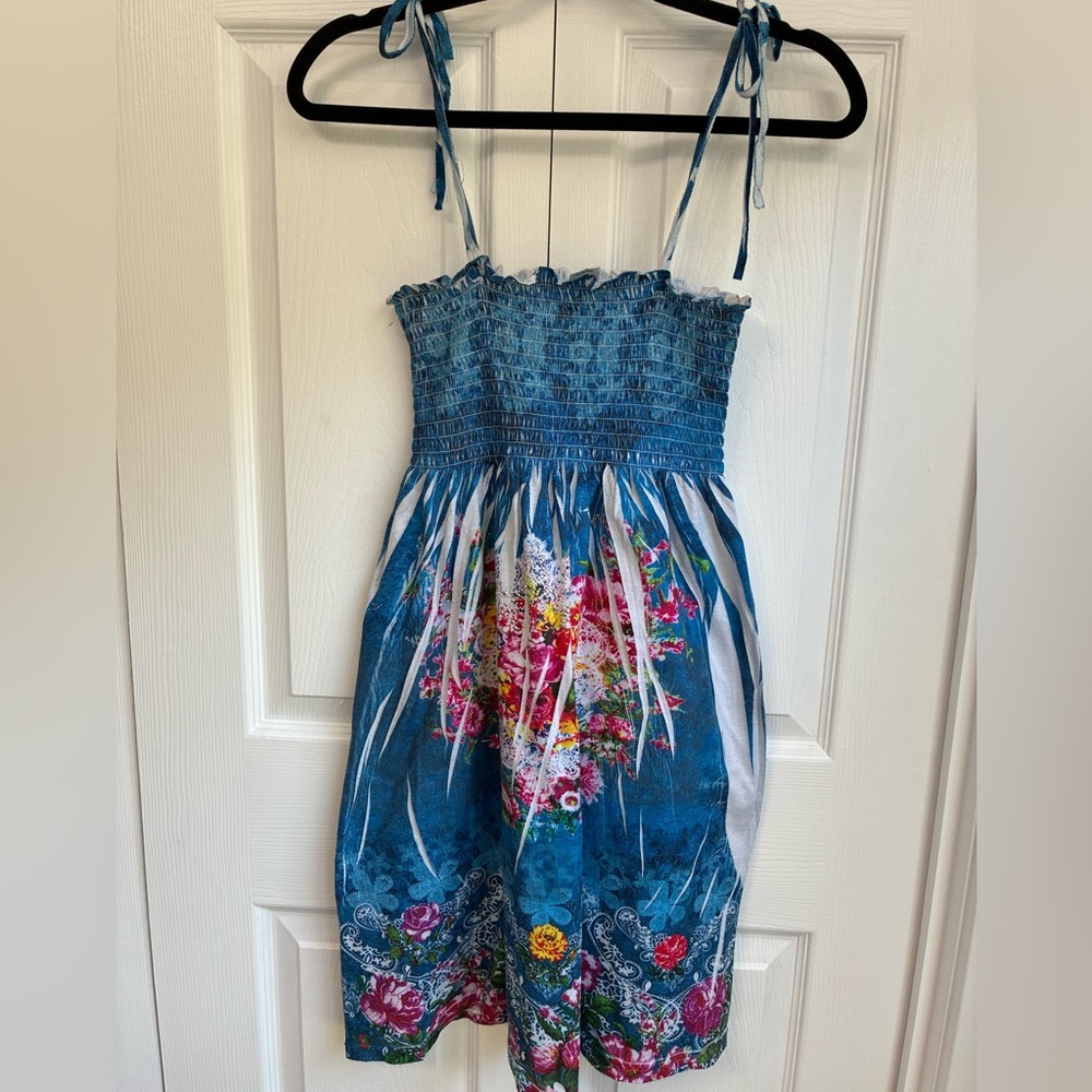 Blue Floral Strapless Sundress with Tie Straps